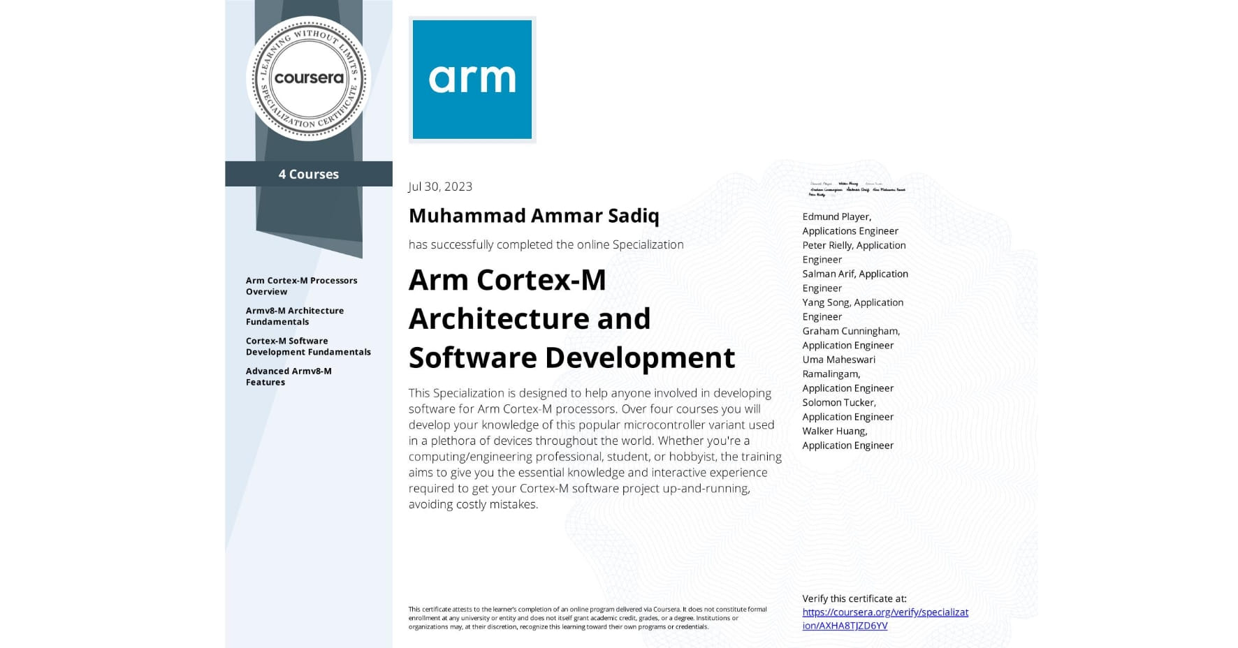 Arm Cortex-M Architecture and Software Development Specialization badge