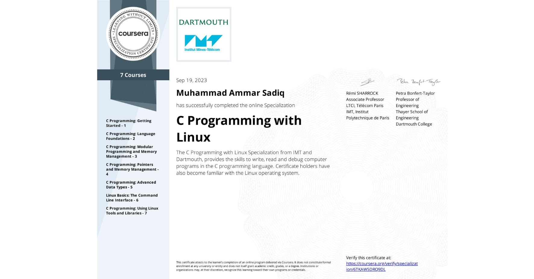 C Programming with Linux Specialization badge