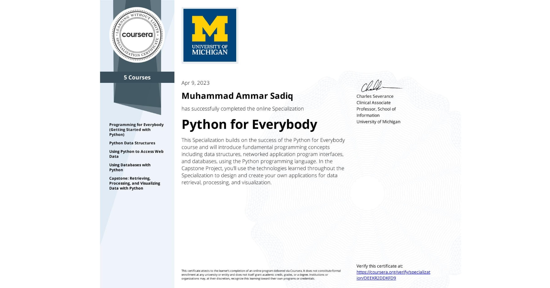 Python for Everybody Specialization badge