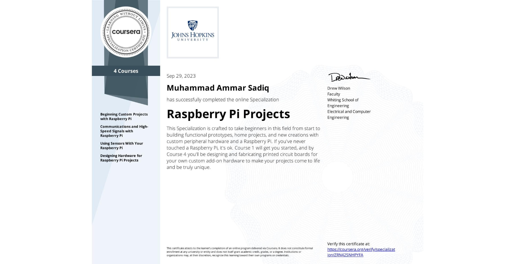 Raspberry Pi Projects Specialization badge