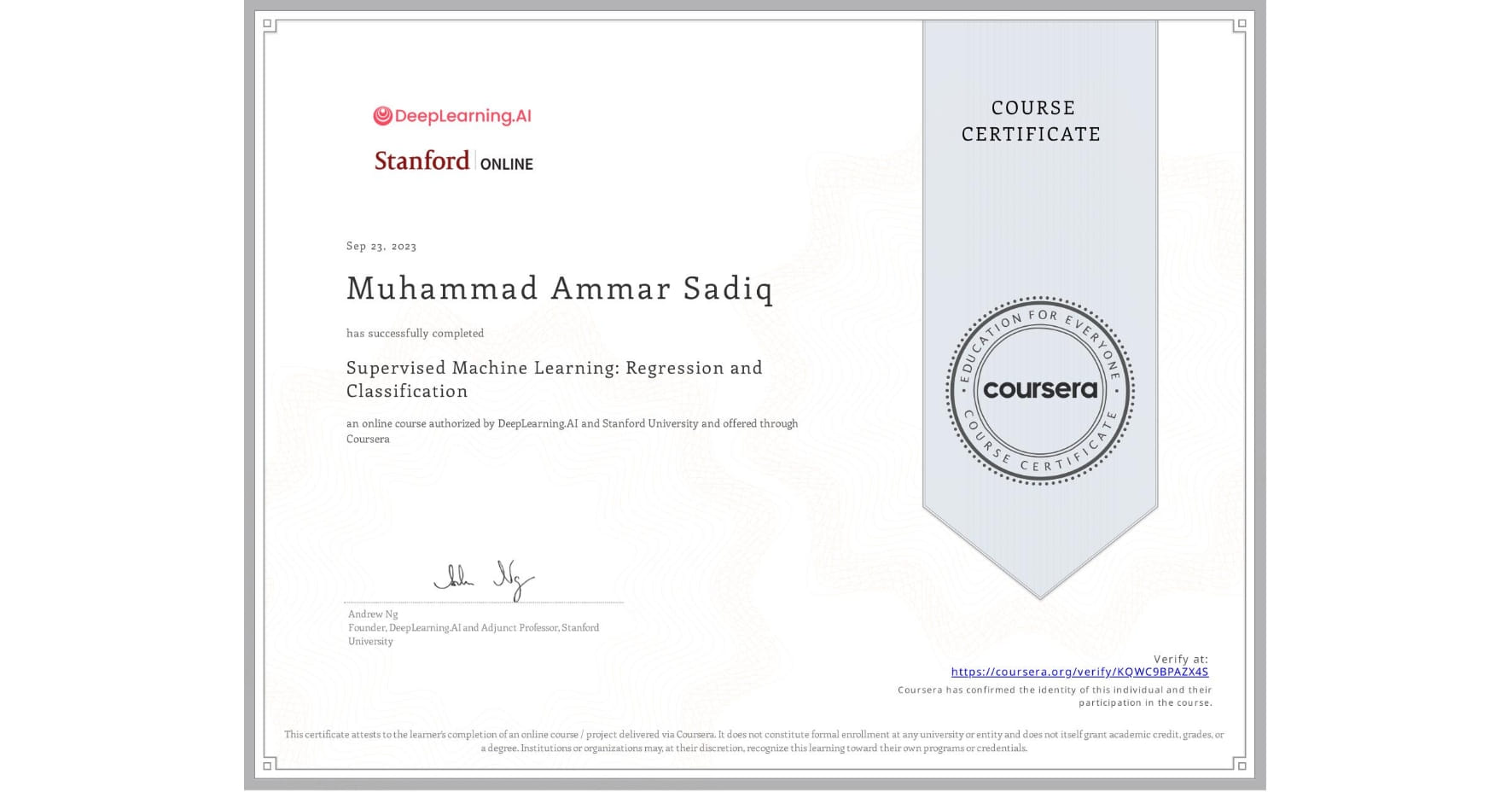 Supervised Machine Learning: Regression and Classification badge